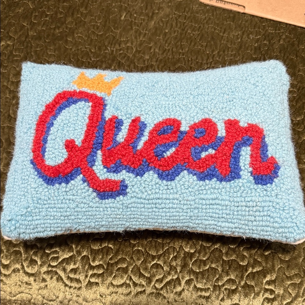 T.J.Maxx Light Blue 'Queen' Accent Pillow with Red, Purple, and Gold Details